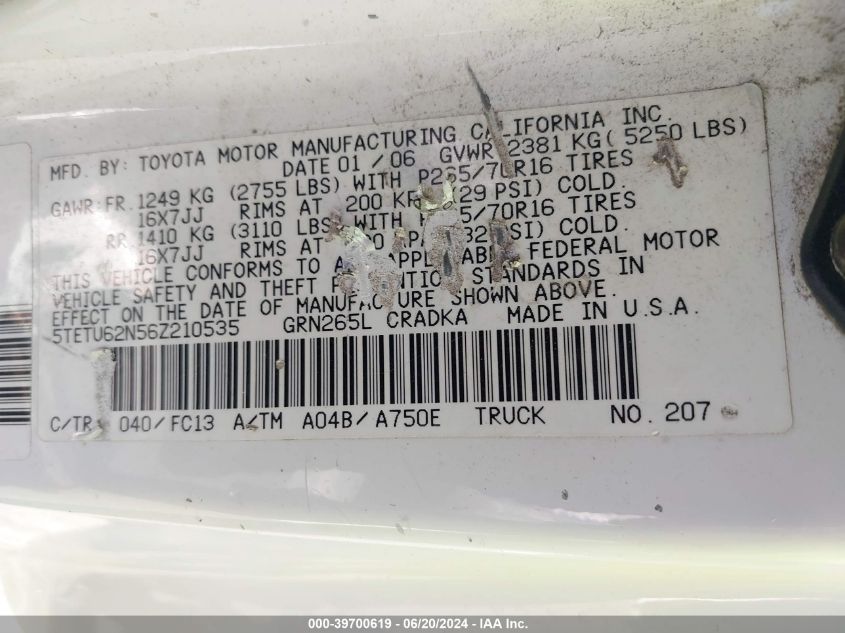 2006 Toyota Tacoma Prerunner V6 VIN: 5TETU62N56Z210535 Lot: 39700619