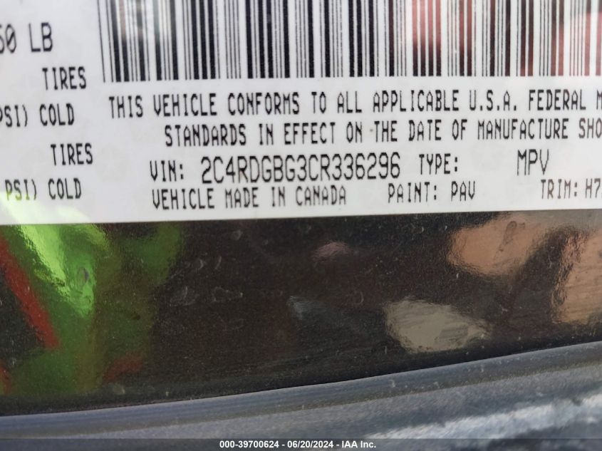 2012 Dodge Grand Caravan Se/Avp VIN: 2C4RDGBG3CR336296 Lot: 39700624