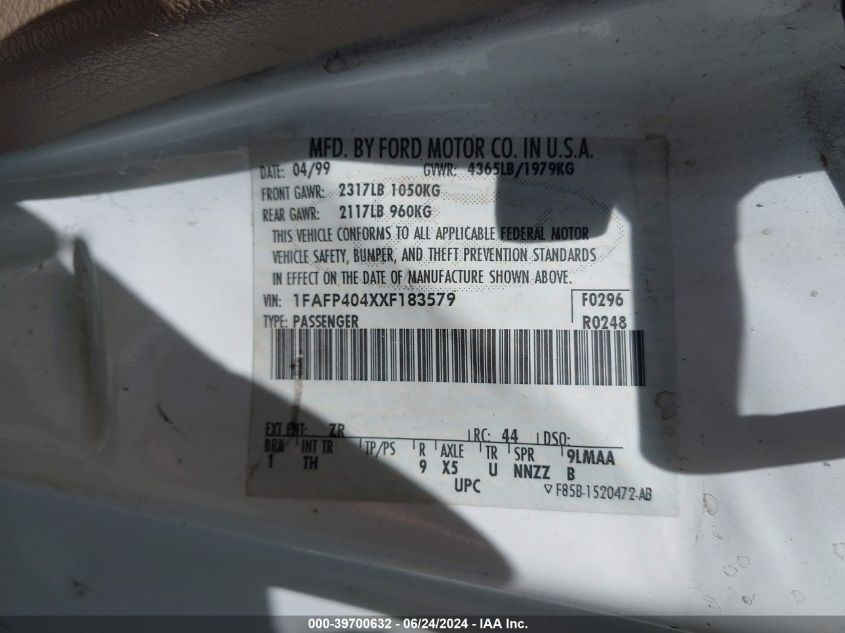1999 Ford Mustang VIN: 1FAFP404XXF183579 Lot: 39700632