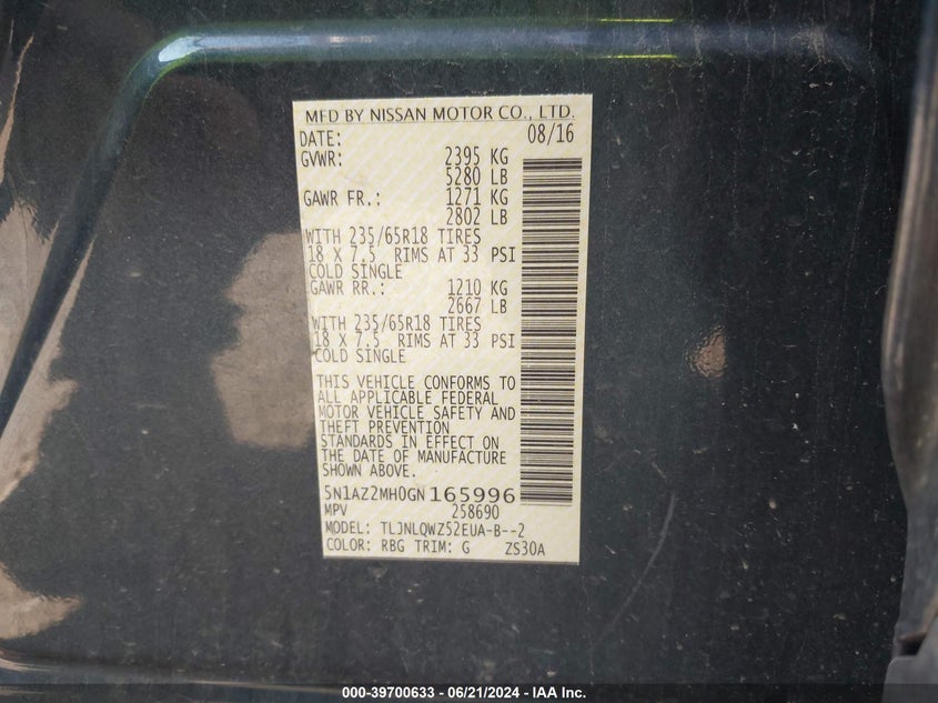 2016 Nissan Murano Sv VIN: 5N1AZ2MH0GN165996 Lot: 39700633