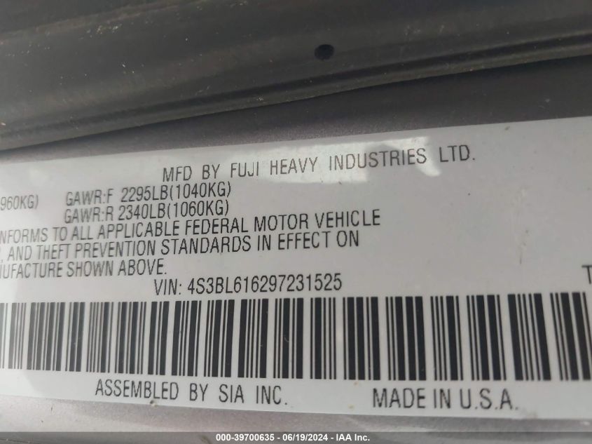 2009 Subaru Legacy 2.5I VIN: 4S3BL616297231525 Lot: 39700635