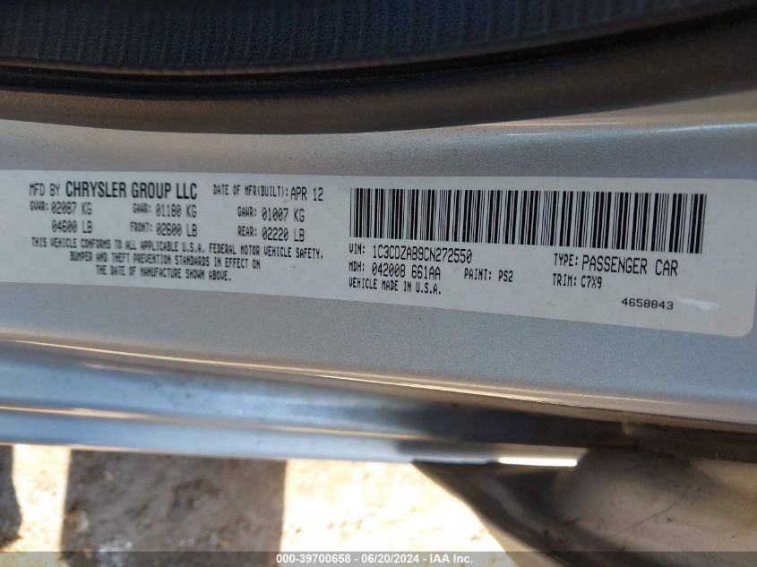 2012 Dodge Avenger Se VIN: 1C3CDZAB9CN272550 Lot: 39700658