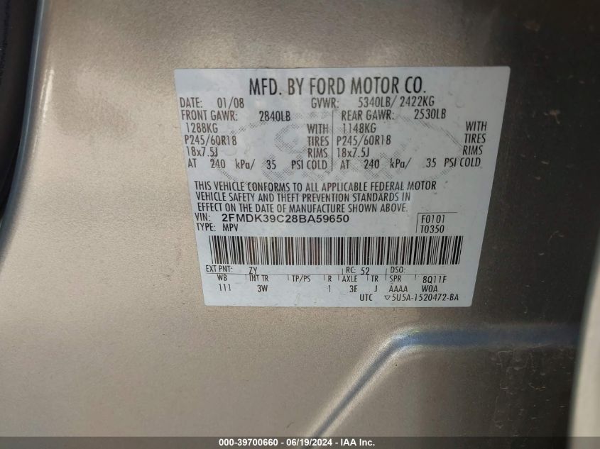 2008 Ford Edge Limited VIN: 2FMDK39C28BA59650 Lot: 39700660