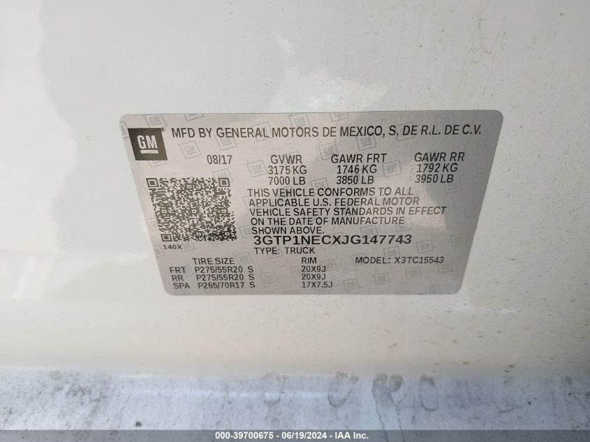 2018 GMC Sierra 1500 Slt VIN: 3GTP1NECXJG147743 Lot: 39700675