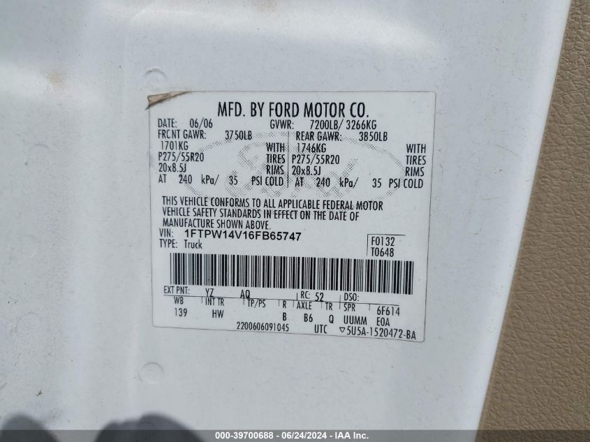 2006 Ford F-150 Fx4/Lariat/Xlt VIN: 1FTPW14V16FB65747 Lot: 39700688