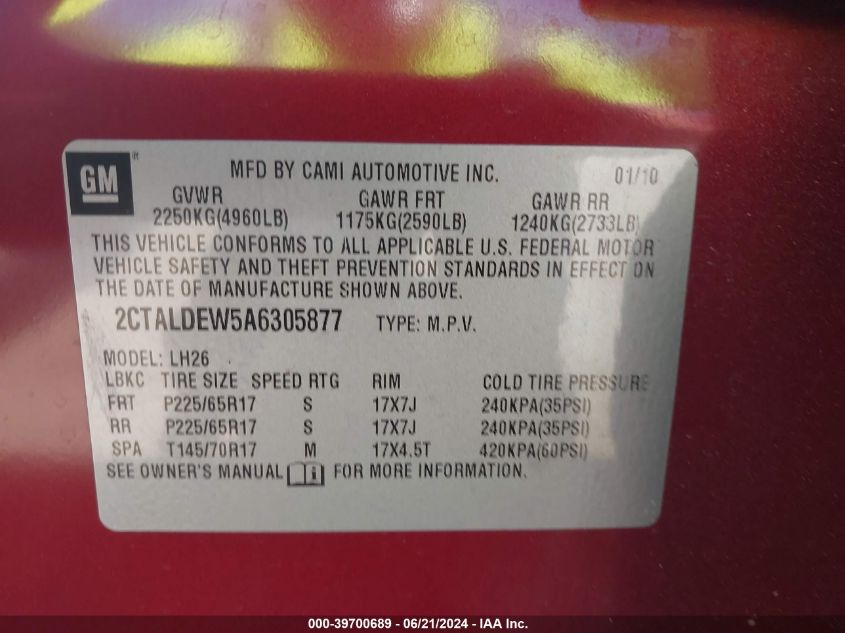 2010 GMC Terrain Sle-2 VIN: 2CTALDEW5A6305877 Lot: 39700689