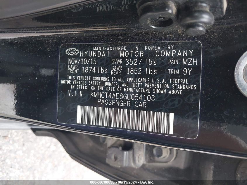 2016 Hyundai Accent Se VIN: KMHCT4AE8GU054103 Lot: 39700698