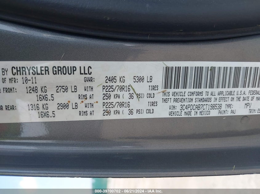 2012 Dodge Journey Se/Avp VIN: 3C4PDCAB7CT198538 Lot: 39700702