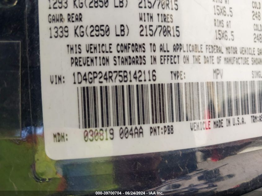 2005 Dodge Grand Caravan Se VIN: 1D4GP24R75B142116 Lot: 39700704