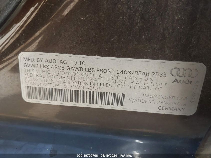 2011 Audi A4 2.0T Premium VIN: WAUDFAFL2BN028618 Lot: 39700706