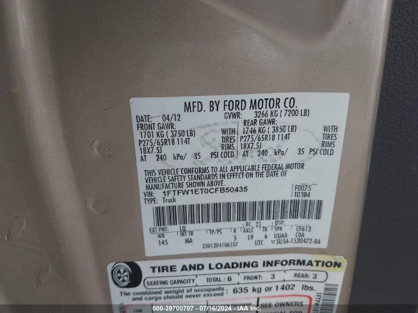 2012 Ford F-150 Xlt VIN: 1FTFW1ET0CFB50435 Lot: 39700707