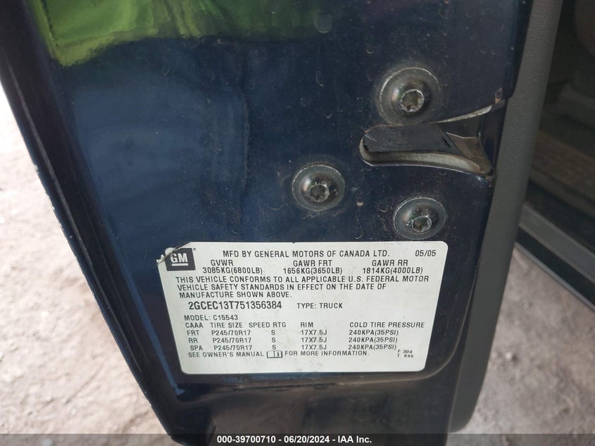 2005 Chevrolet Silverado 1500 Ls VIN: 2GCEC13T751356384 Lot: 39700710