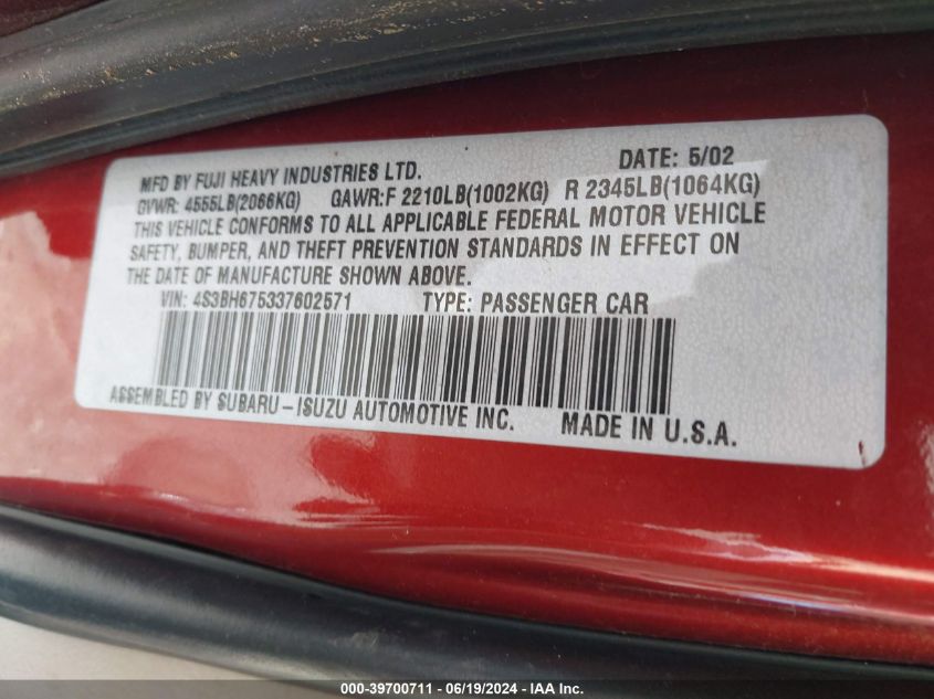 2003 Subaru Outback VIN: 4S3BH675337602571 Lot: 39700711