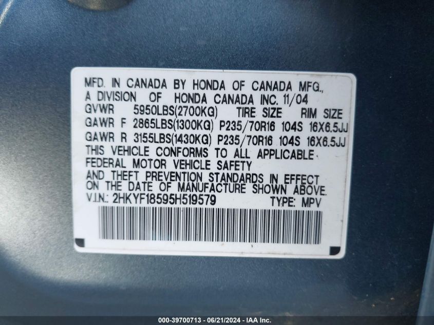 2005 Honda Pilot Ex-L VIN: 2HKYF18595H519579 Lot: 39700713