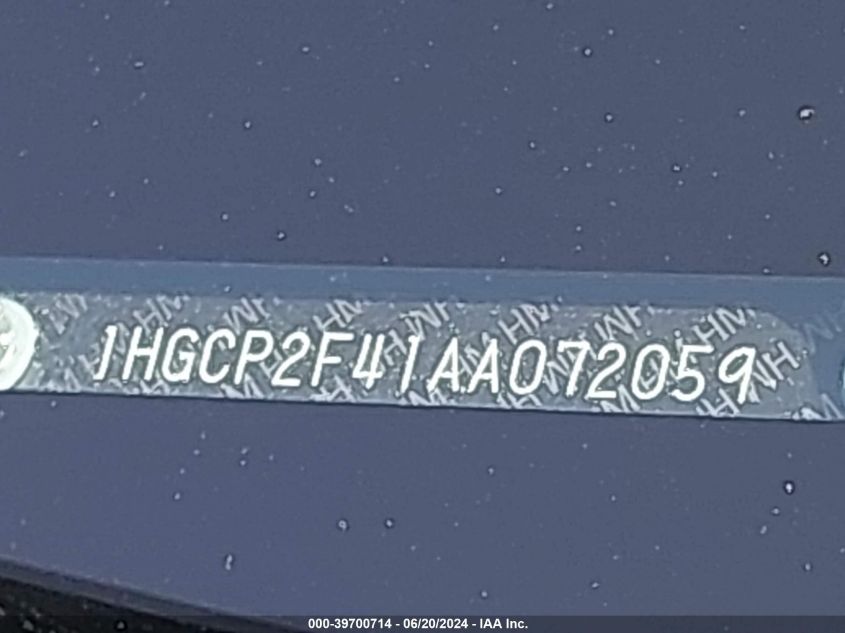 2010 Honda Accord 2.4 Lx-P VIN: 1HGCP2F41AA072059 Lot: 39700714