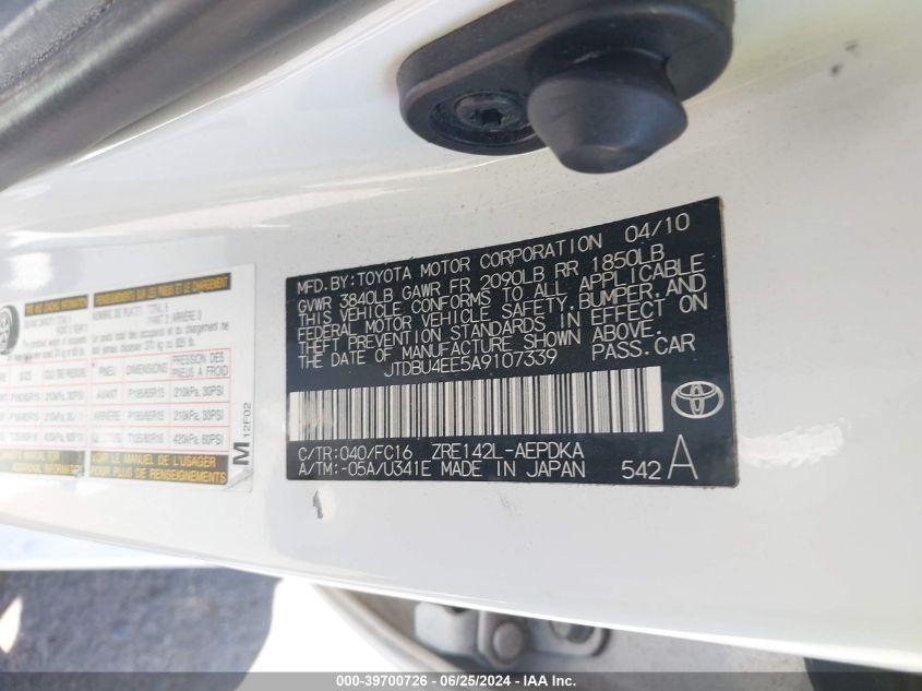 2010 Toyota Corolla VIN: JTDBU4EE5A9107339 Lot: 39700726