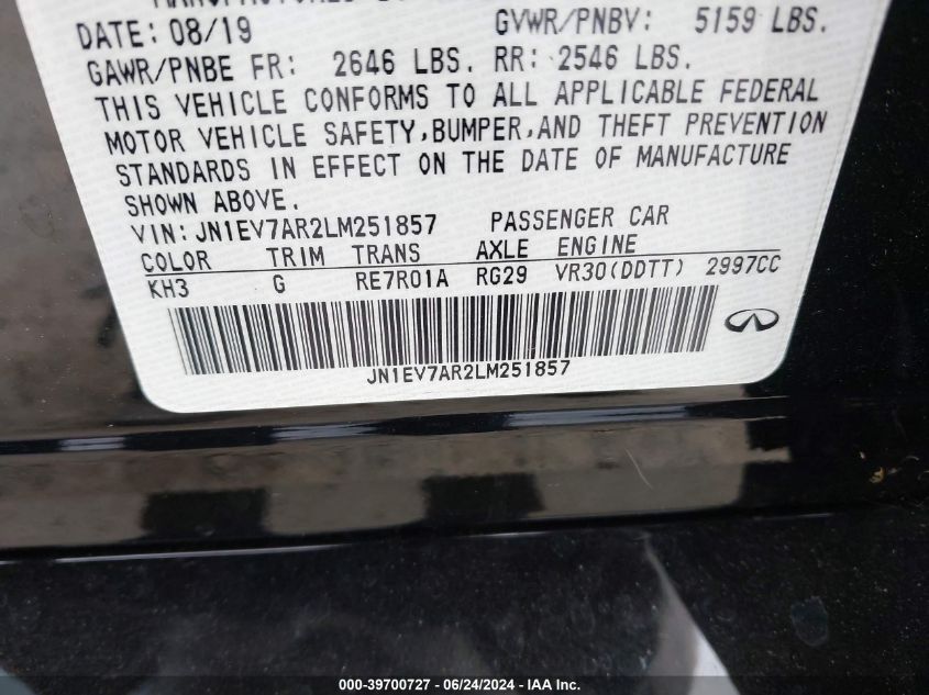 2020 Infiniti Q50 Luxe Awd VIN: JN1EV7AR2LM251857 Lot: 39700727