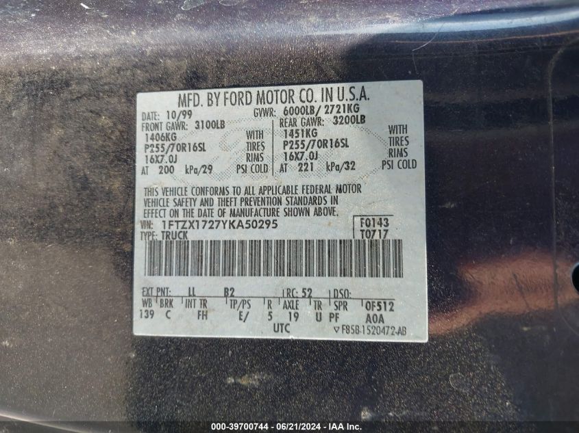 2000 Ford F-150 Work Series/Xl/Xlt VIN: 1FTZX1727YKA50295 Lot: 39700744