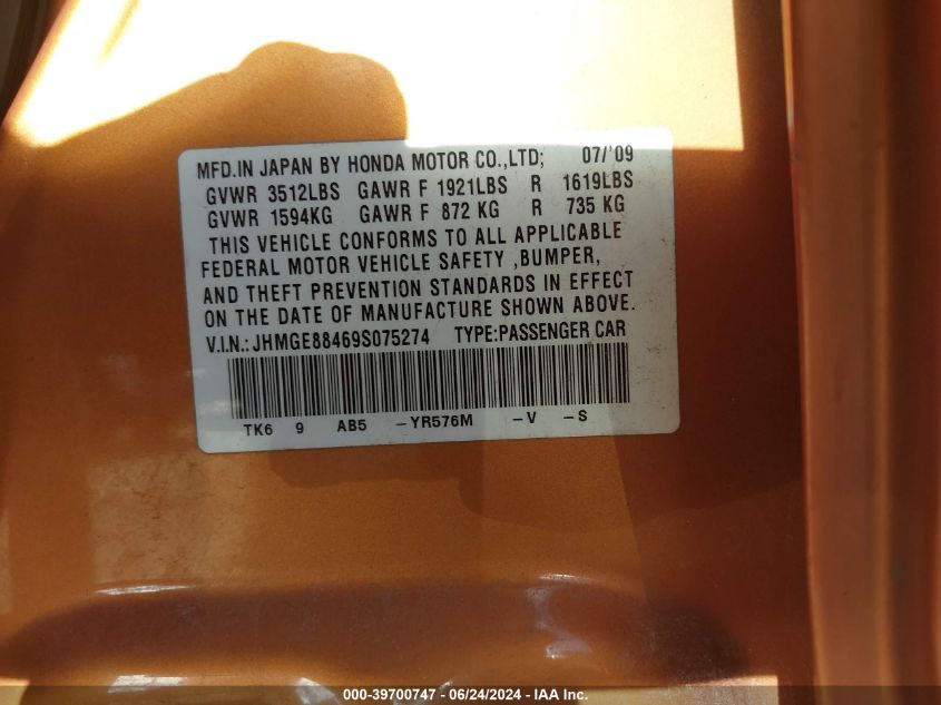 2009 Honda Fit Sport VIN: JHMGE88469S075274 Lot: 39700747