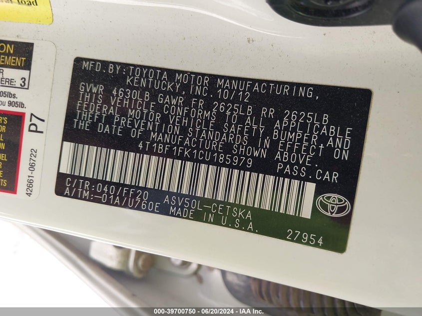 2012 Toyota Camry Se/Le/Xle VIN: 4T1BF1FK1CU185979 Lot: 39700750