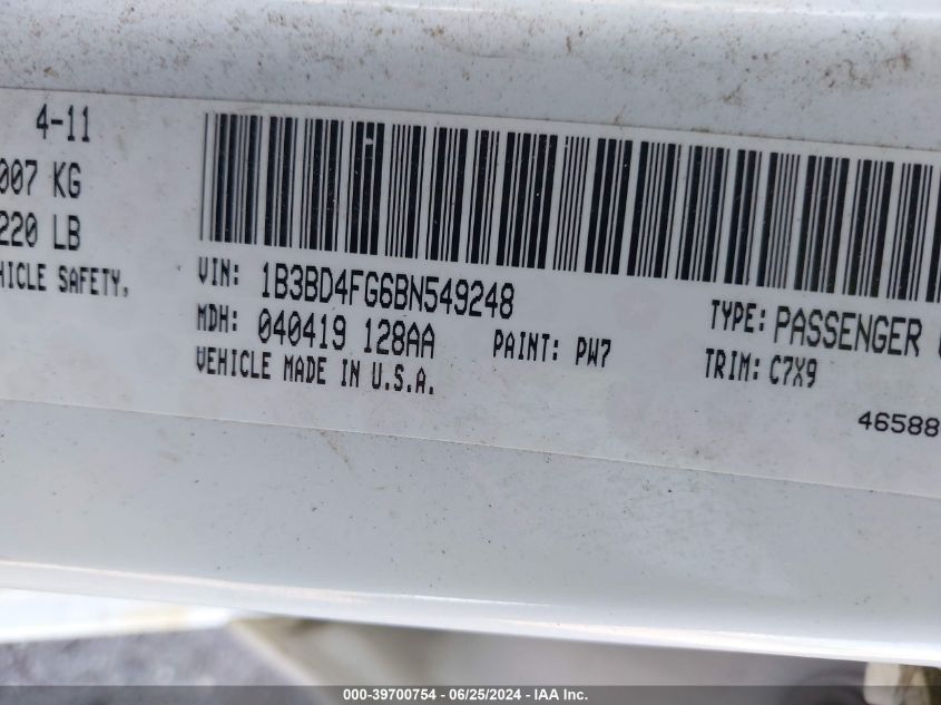 2011 Dodge Avenger Express VIN: 1B3BD4FG6BN549248 Lot: 39700754