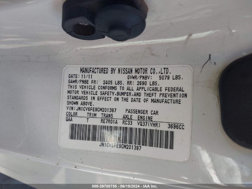 2012 Infiniti G37 VIN: JN1CV6FE9CM201397 Lot: 39700758