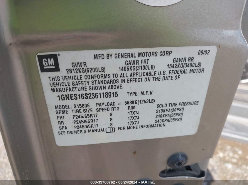 2003 Chevrolet Trailblazer Ext Lt VIN: 1GNES16S236118915 Lot: 39700762