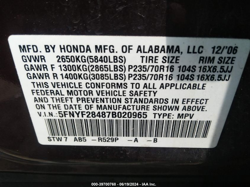 2007 Honda Pilot Ex VIN: 5FNYF28487B020965 Lot: 39700768