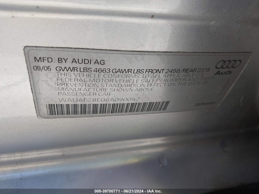 2006 Audi A4 2 Turbo VIN: WAUAF78E06A090052 Lot: 39700771