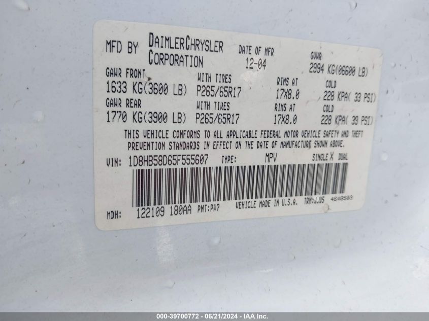 2005 Dodge Durango Limited VIN: 1D8HB58D65F555607 Lot: 39700772
