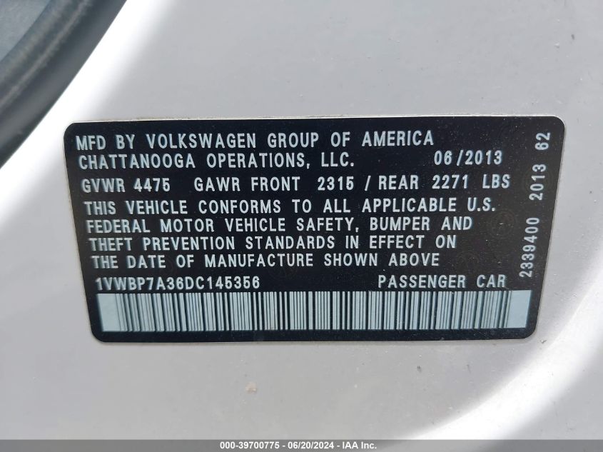 2013 Volkswagen Passat 2.5L Se VIN: 1VWBP7A36DC145356 Lot: 39700775