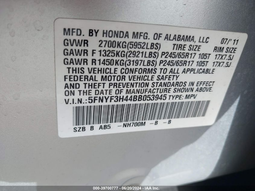 2011 Honda Pilot Ex VIN: 5FNYF3H44BB053945 Lot: 39700777