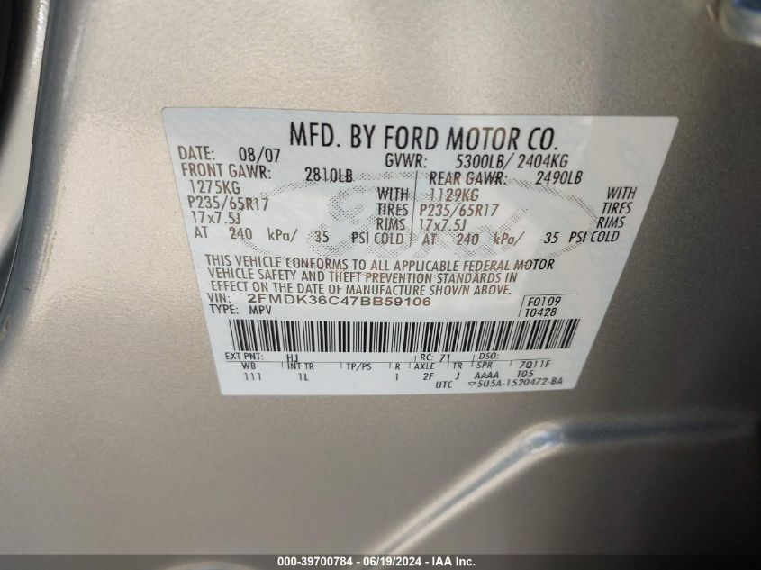 2007 Ford Edge Se VIN: 2FMDK36C47BB59106 Lot: 39700784