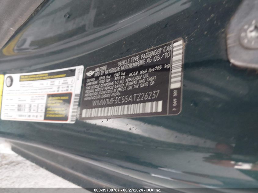 2010 Mini Cooper VIN: WMWMF3C55ATZ26237 Lot: 39700787