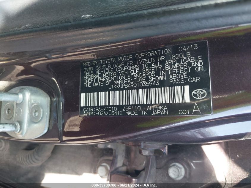 2013 Scion Xd VIN: JTKKUPB49D1035943 Lot: 39700788