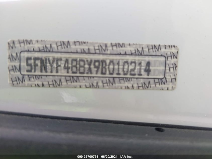 2009 Honda Pilot Touring VIN: 5FNYF488X9B010214 Lot: 39700791