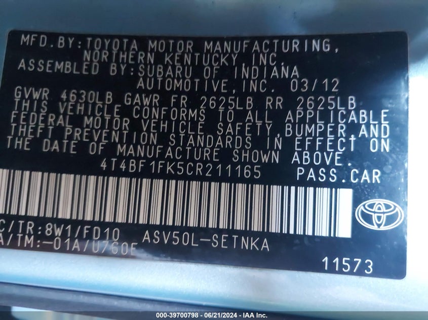 2012 Toyota Camry Se/Le/Xle VIN: 4T4BF1FK5CR211165 Lot: 39700798