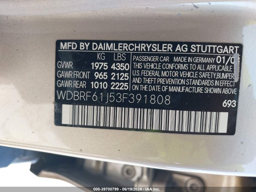 2003 Mercedes-Benz C 240 VIN: WDBRF61J53F391808 Lot: 39700799