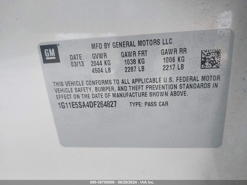 2013 Chevrolet Malibu 2Lt VIN: 1G11E5SA4DF264827 Lot: 39700800