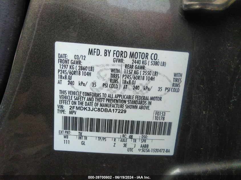 2013 Ford Edge Sel VIN: 2FMDK3JC8DBA17229 Lot: 39700802