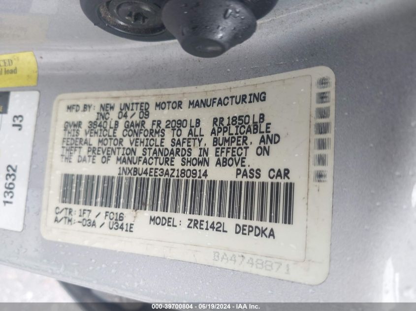 2010 Toyota Corolla Le VIN: 1NXBU4EE3AZ180914 Lot: 39700804