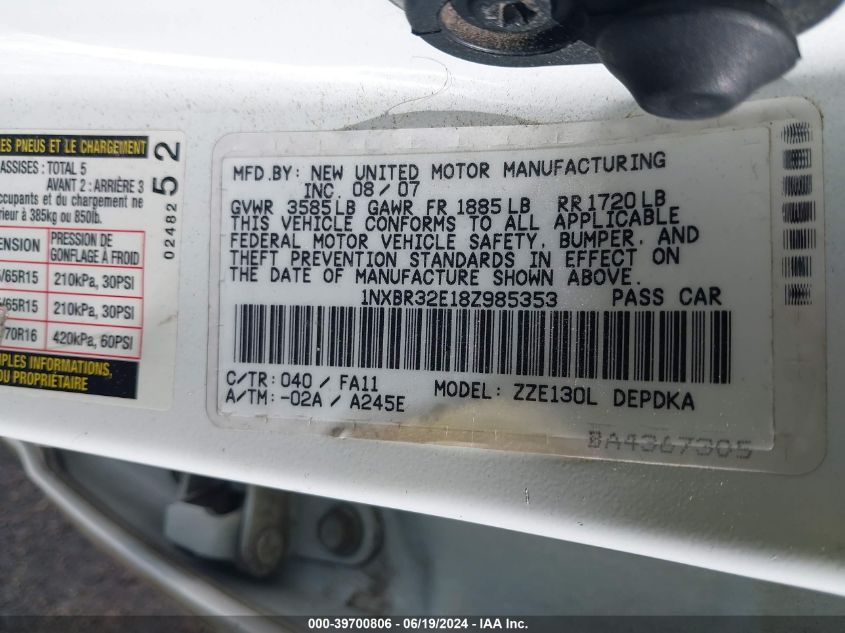 2008 Toyota Corolla Ce VIN: 1NXBR32E18Z985353 Lot: 39700806