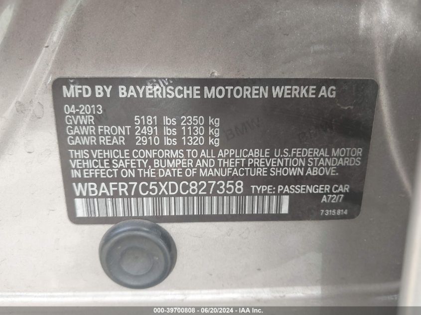 2013 BMW 535I VIN: WBAFR7C5XDC827358 Lot: 39700808