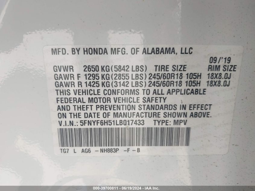 2020 Honda Pilot Awd Ex-L VIN: 5FNYF6H51LB017433 Lot: 39700811