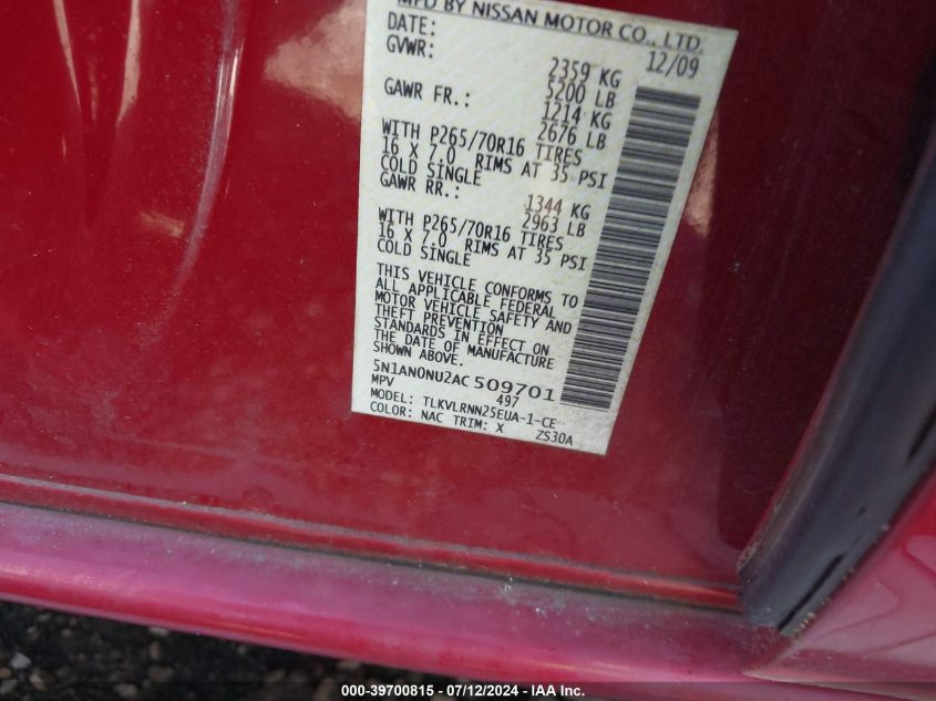 2010 Nissan Xterra S VIN: 5N1AN0NU2AC509701 Lot: 39700815