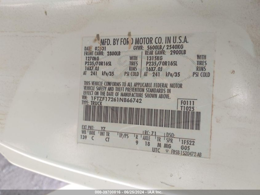 2001 Ford F-150 Xl/Xlt VIN: 1FTZF17261NB66742 Lot: 39700816