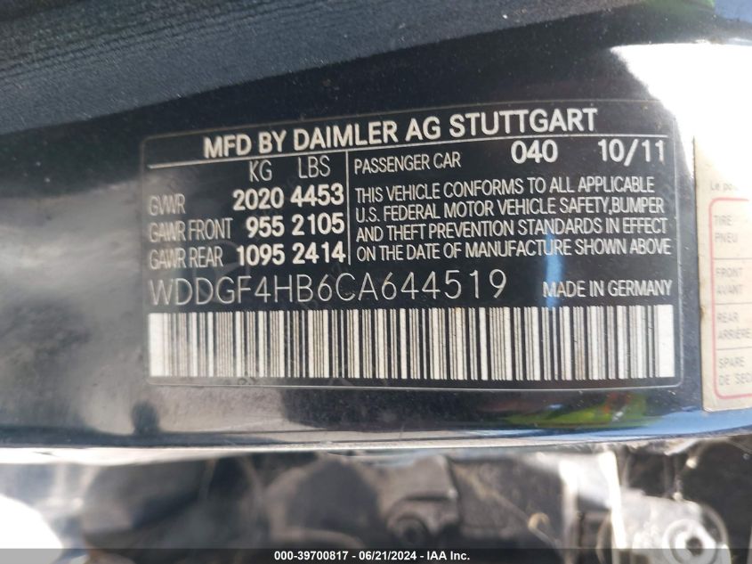 2012 Mercedes-Benz C 250 VIN: WDDGF4HB6CA644519 Lot: 39700817