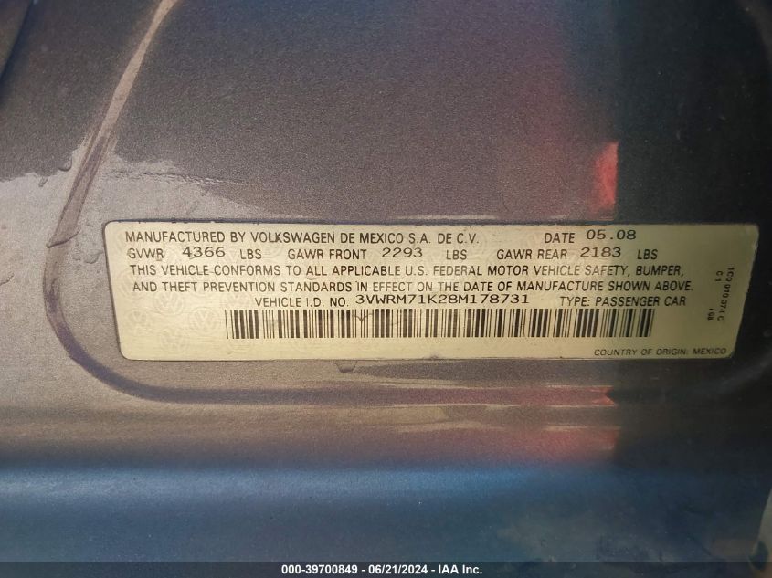 2008 Volkswagen Jetta Se/Sel VIN: 3VWRM71K28M178731 Lot: 39700849