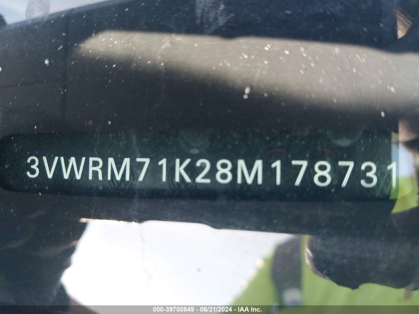 2008 Volkswagen Jetta Se/Sel VIN: 3VWRM71K28M178731 Lot: 39700849