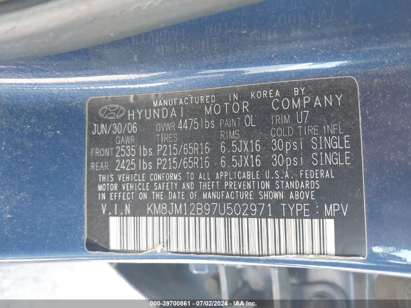 2007 Hyundai Tucson Gls VIN: KM8JM12B97U502971 Lot: 39700861